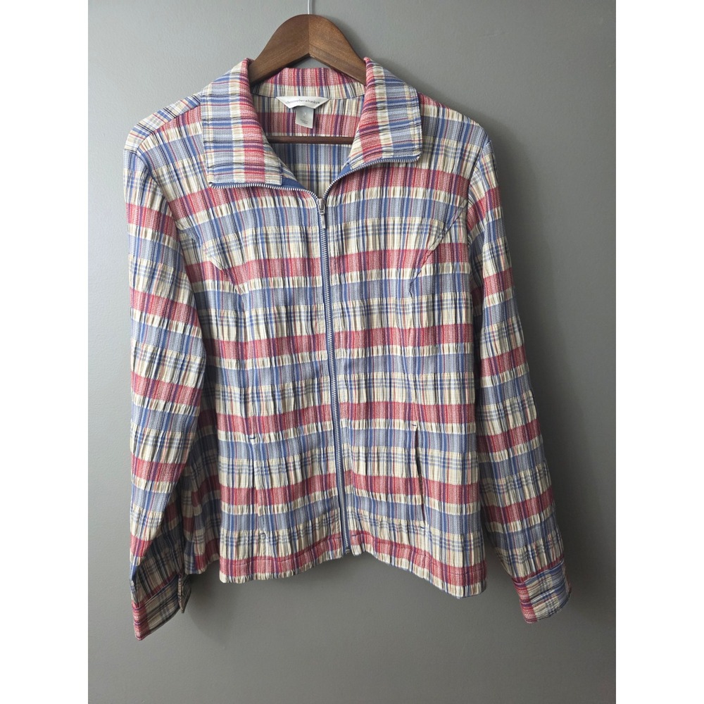Christopher & Banks Plaid Zip Front Jacket Red Blue Tan Crinkle Texture Large